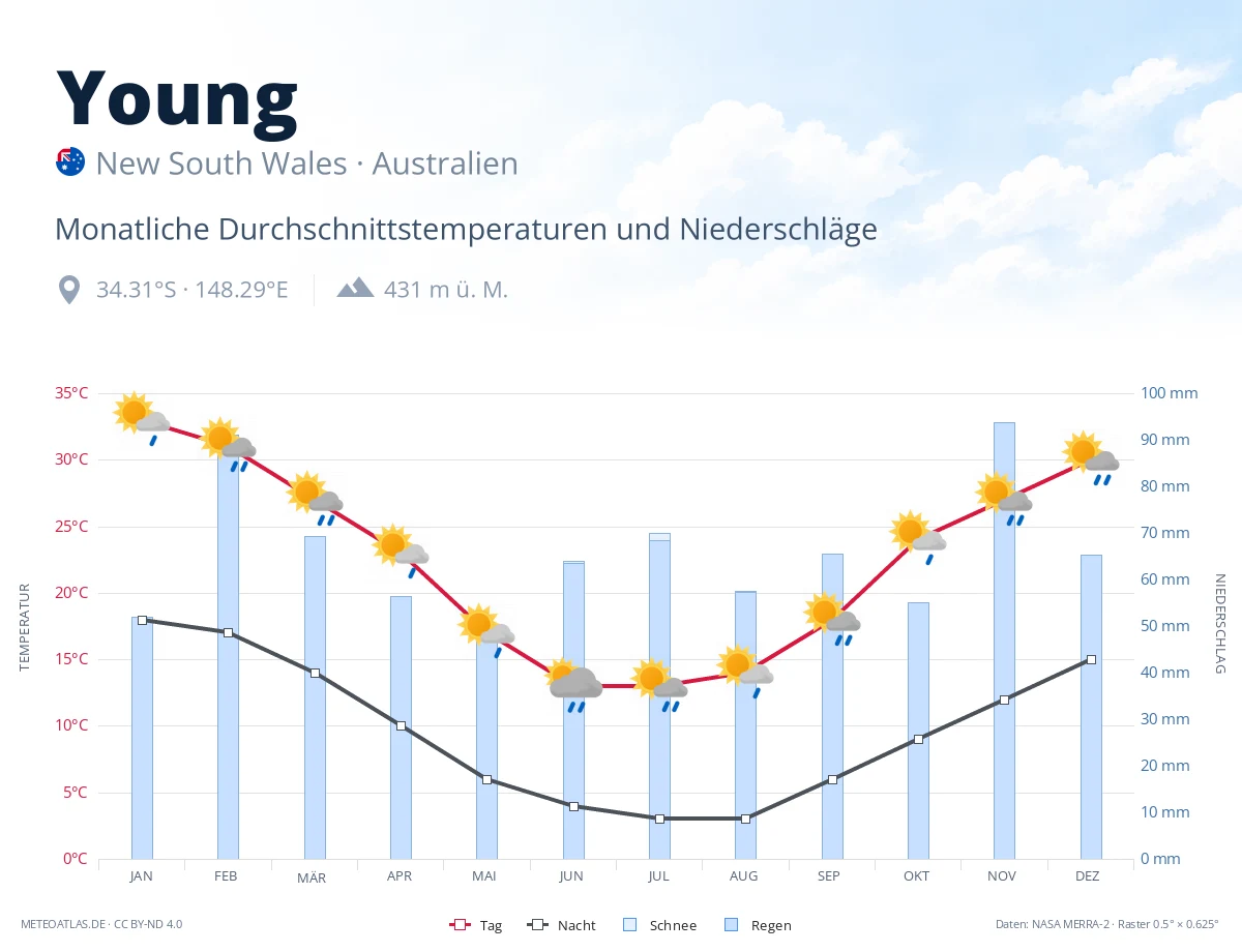 Young - monatliche Durchschnittstemperaturen und Niederschläge