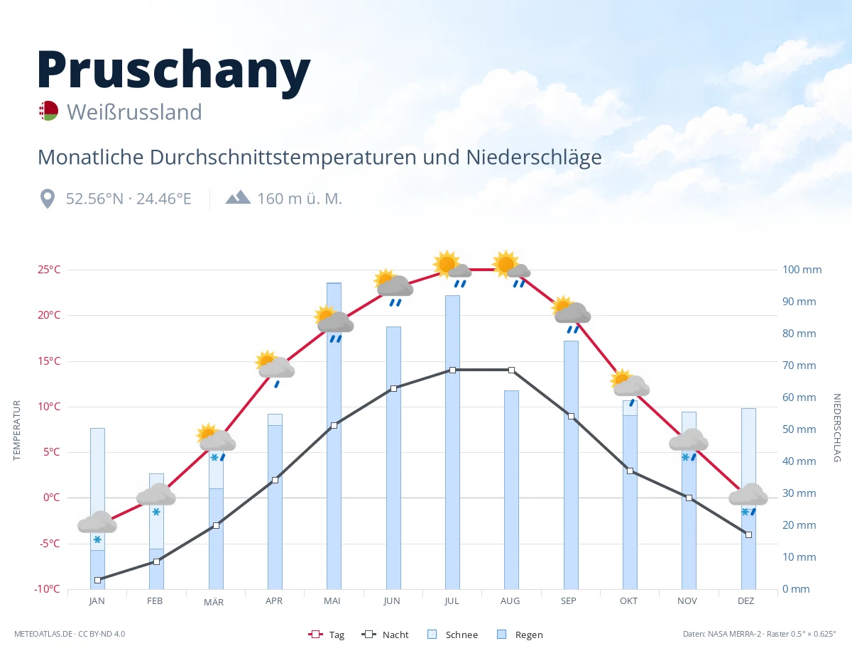 Pruschany - monatliche Durchschnittstemperaturen und Niederschläge