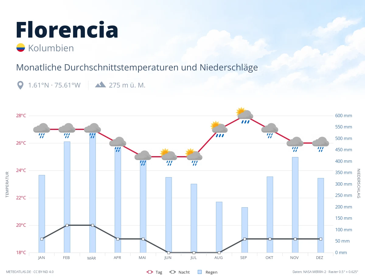 Florencia - monatliche Durchschnittstemperaturen und Niederschläge