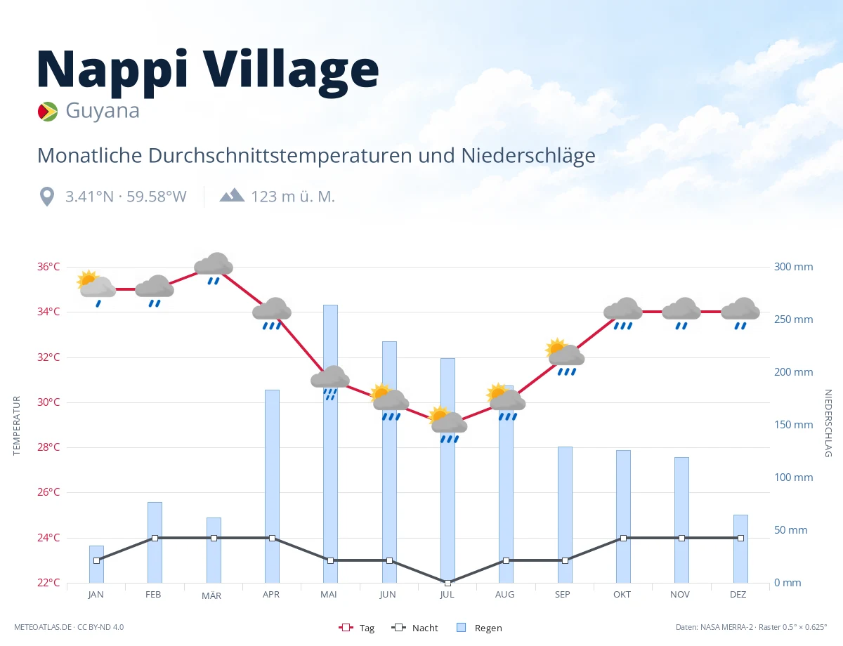 Nappi Village - monatliche Durchschnittstemperaturen und Niederschläge