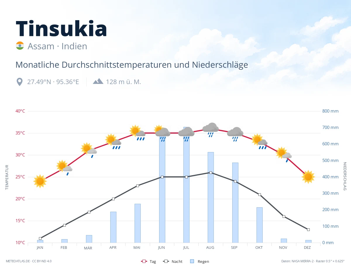 Tinsukia - monatliche Durchschnittstemperaturen und Niederschläge