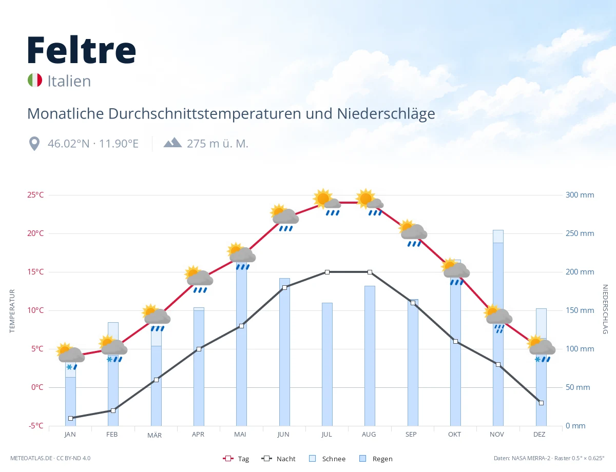 Feltre - monatliche Durchschnittstemperaturen und Niederschläge