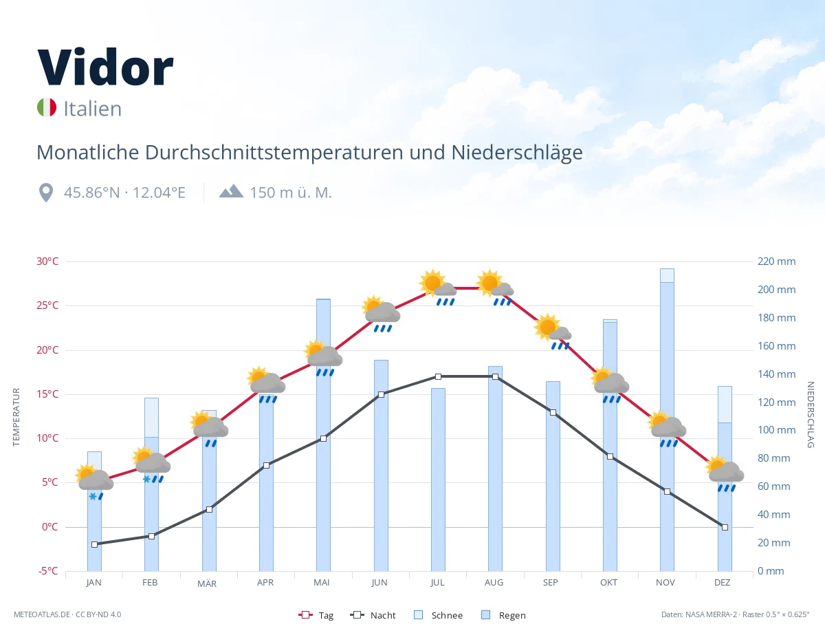 Vidor - monatliche Durchschnittstemperaturen und Niederschläge