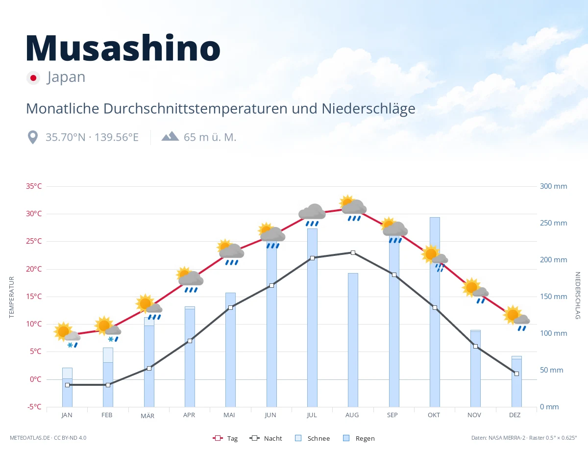Musashino - monatliche Durchschnittstemperaturen und Niederschläge