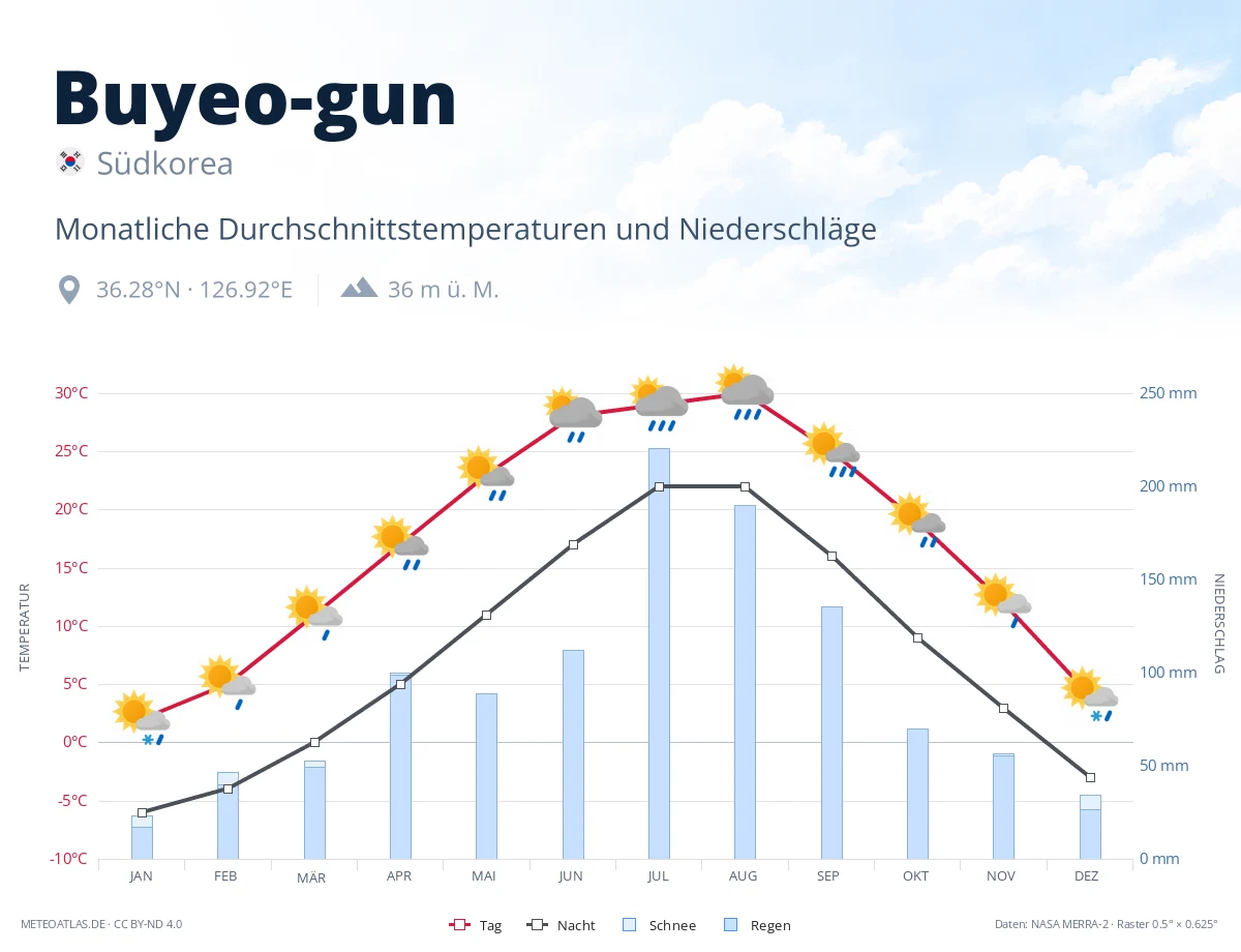 Buyeo-gun - monatliche Durchschnittstemperaturen und Niederschläge