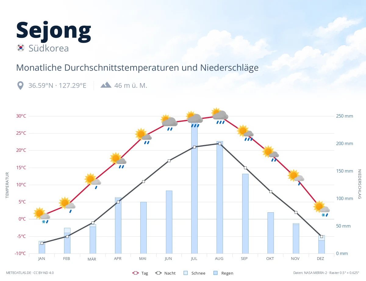 Sejong - monatliche Durchschnittstemperaturen und Niederschläge