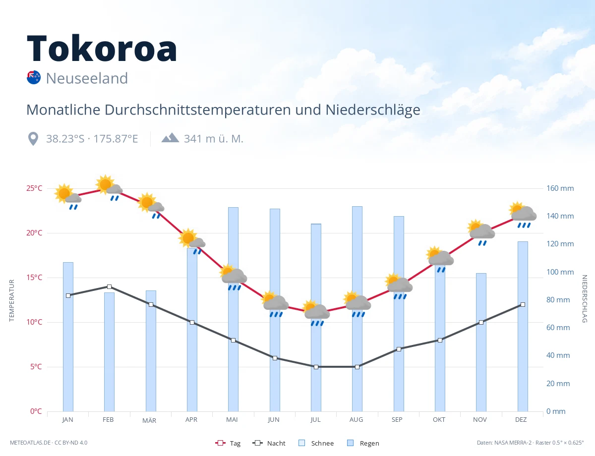 Tokoroa - monatliche Durchschnittstemperaturen und Niederschläge
