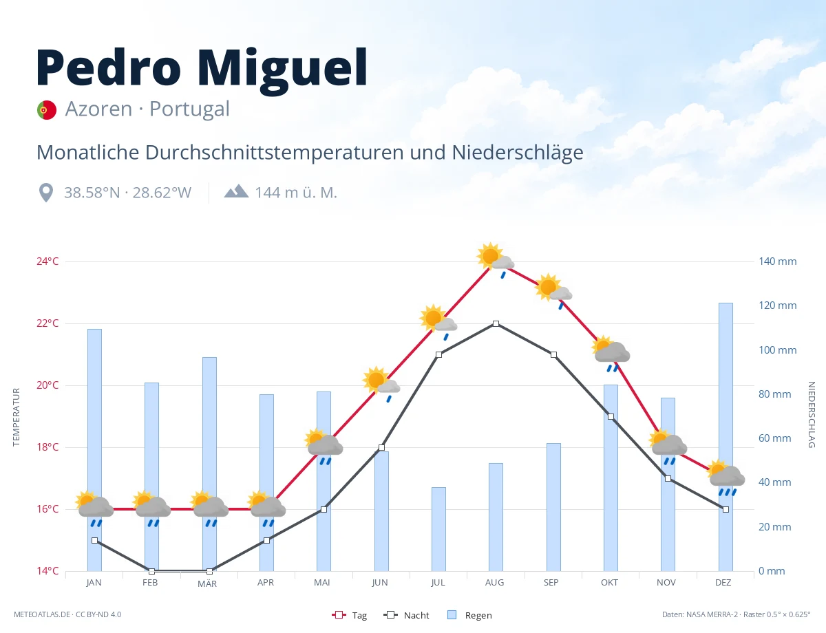 Pedro Miguel - monatliche Durchschnittstemperaturen und Niederschläge