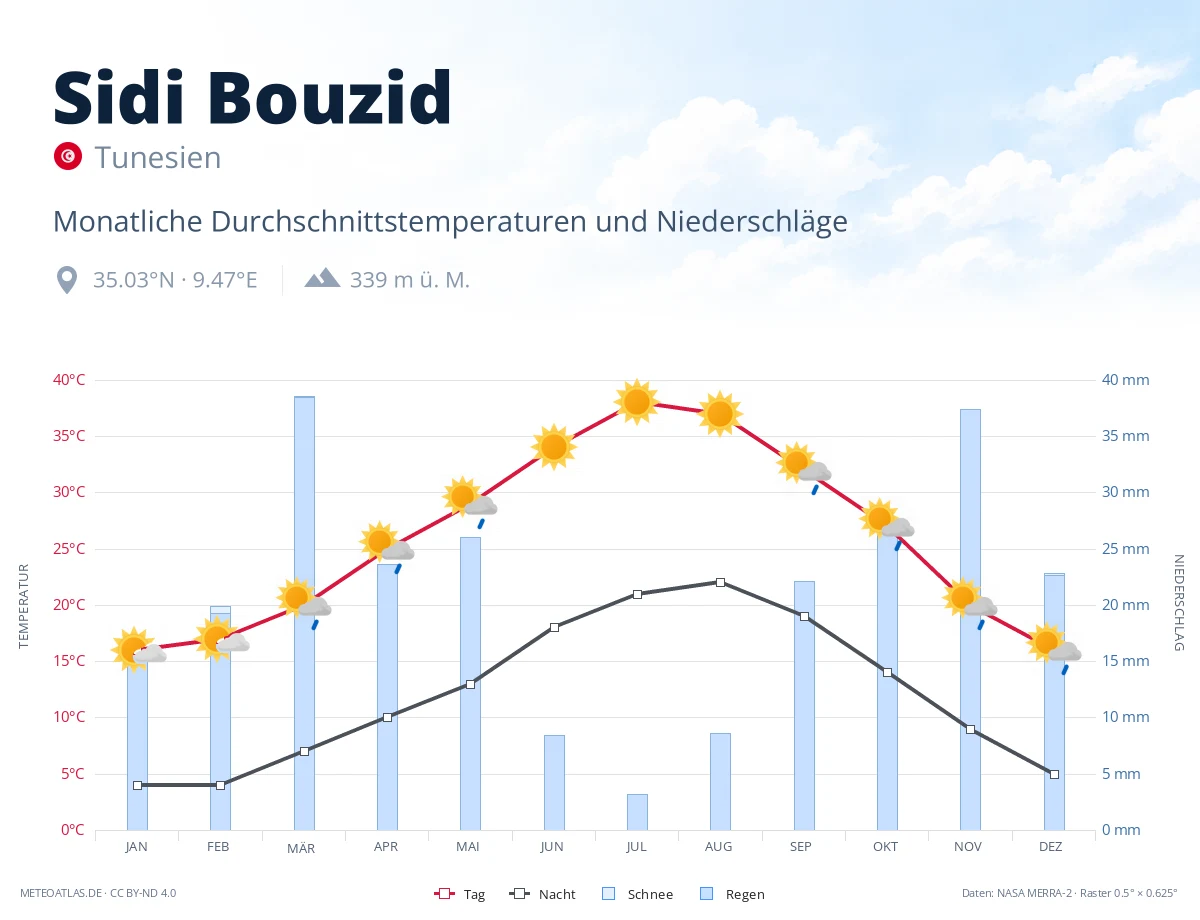 Sidi Bouzid - monatliche Durchschnittstemperaturen und Niederschläge