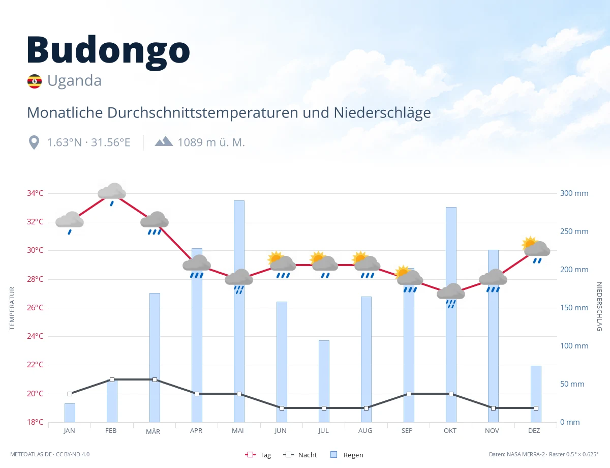 Budongo - monatliche Durchschnittstemperaturen und Niederschläge