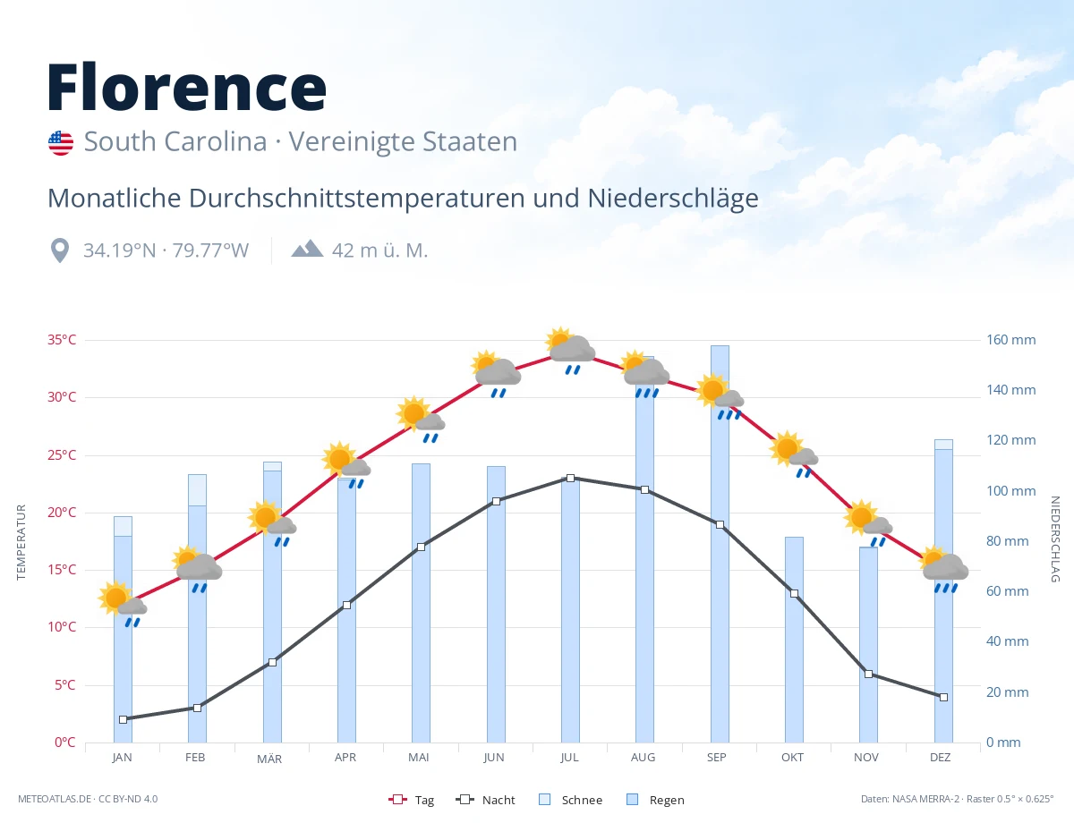 Florence - monatliche Durchschnittstemperaturen und Niederschläge
