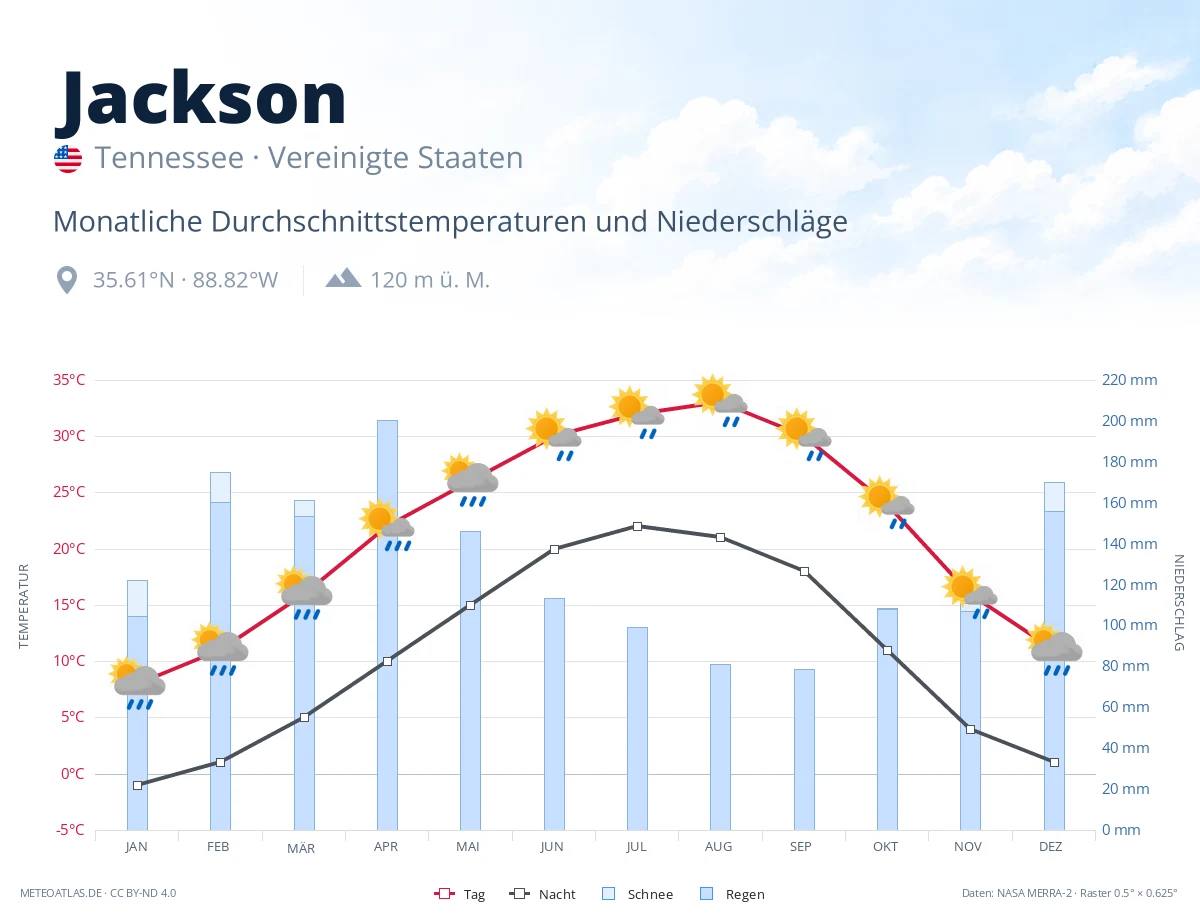 Jackson - monatliche Durchschnittstemperaturen und Niederschläge