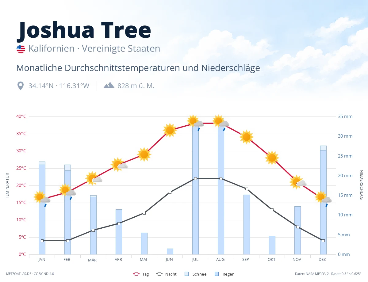 Joshua Tree - monatliche Durchschnittstemperaturen und Niederschläge